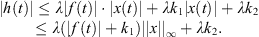 $$ \begin{array}{cc}|h(t)|& \le \lambda |f(t)|\cdot |x(t)|+\lambda {k}_1|x(t)|+\lambda {k}_2\\ & \le \lambda (|f(t)|+{k}_1)||x|{|}_{\mathrm{\infty }}+\lambda {k}_2.\end{array} $$