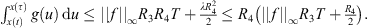 $$ \begin{array}{ll}{\int }_{x(t)}^{x(\tau )} g(u)\enspace \mathrm{d}u\le ||f|{|}_{\mathrm{\infty }}{R}_3{R}_4T+\frac{\lambda {R}_4^2}{2}\le {R}_4\left(||f|{|}_{\mathrm{\infty }}{R}_3T+\frac{{R}_4}{2}\right).& \end{array} $$