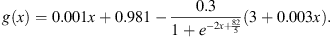 $$ g(x)=0.001x+0.981-\frac{0.3}{1+{e}^{-2x+\frac{82}{5}}}(3+0.003x). $$