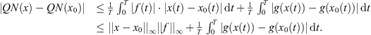 $$ \begin{array}{ll}|{QN}(x)-{QN}({x}_0)|& \le \frac{1}{T}{\int }_0^T |f(t)|\cdot |x(t)-{x}_0(t)|\enspace \mathrm{d}t+\frac{1}{T}{\int }_0^T |g(x(t))-g({x}_0(t))|\enspace \mathrm{d}t\\ & \le ||x-{x}_0|{|}_{\mathrm{\infty }}||f|{|}_{\mathrm{\infty }}+\frac{1}{T}{\int }_0^T |g(x(t))-g({x}_0(t))|\enspace \mathrm{d}t.\\ & \end{array} $$