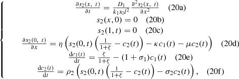 $$ \left\{\begin{array}{c}\begin{array}{cc}\frac{\mathrm{\partial }{s}_2(x,\enspace t)}{\mathrm{\partial }t}=\frac{{D}_1}{{k}_1{s}_0{l}^2}\frac{{\mathrm{\partial }}^2{s}_2(x,\enspace t)}{\mathrm{\partial }{x}^2}& (20\mathrm{a})\end{array}\\ \begin{array}{c}\begin{array}{cc}{s}_2(x,0)=0& (20\mathrm{b})\end{array}\\ \begin{array}{cc}{s}_2(1,t)=0& (20\mathrm{c})\end{array}\\ \begin{array}{c}\begin{array}{cc}\frac{\mathrm{\partial }{s}_2(0,\enspace t)}{\mathrm{\partial }x}=\eta \left({s}_2(0,t)\left(\frac{1}{1+\zeta }-{c}_2(t)\right)-\kappa {c}_1(t)-\mu {c}_2(t)\right)& (20\mathrm{d})\end{array}\\ \begin{array}{cc}\frac{\mathrm{d}{c}_1(t)}{\mathrm{d}t}=\frac{\zeta }{1+\zeta }-(1+{\sigma }_1){c}_1(t)& (20\mathrm{e})\end{array}\\ \begin{array}{cc}\frac{\mathrm{d}{c}_2(t)}{\mathrm{d}t}={\rho }_2\left({s}_2(0,t)\left(\frac{1}{1+\zeta }-{c}_2(t)\right)-{\sigma }_2{c}_2(t)\right),& (20\mathrm{f})\end{array}\end{array}\end{array}\end{array}\right. $$