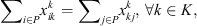 $$ {\sum }_i{x}_{{ik}}^k={\sum }_j{x}_{{kj}}^k,\enspace \forall k\in K, $$