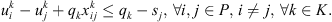 $$ {u}_i^k-{u}_j^k+{q}_k{x}_{{ij}}^k\le {{q}_k-s}_j,\enspace \forall i,j\in P,\enspace i\ne j,\enspace \forall k\in K. $$