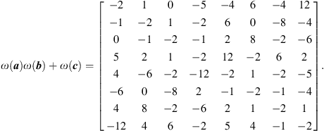 $$ \omega ({a})\omega ({b})+\omega ({c})=\left[\begin{array}{cccccccc}-2& 1& 0& -5& -4& 6& -4& 12\\ -1& -2& 1& -2& 6& 0& -8& -4\\ 0& -1& -2& -1& 2& 8& -2& -6\\ 5& 2& 1& -2& 12& -2& 6& 2\\ 4& -6& -2& -12& -2& 1& -2& -5\\ -6& 0& -8& 2& -1& -2& -1& -4\\ 4& 8& -2& -6& 2& 1& -2& 1\\ -12& 4& 6& -2& 5& 4& -1& -2\end{array}\right]. $$