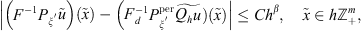 $$ \left|\left({F}^{-1}{P}_{{\xi }^\mathrm{\prime}}\tilde{u}\right)\left(\tilde{x}\right)-\left({F}_d^{-1}{P}_{{\xi }^\mathrm{\prime}}^{\mathrm{per}}\stackrel{\tilde }{{Q}_hu}\right)\left(\tilde{x}\right)\right|\le C{h}^{\beta },\hspace{1em}\tilde{x}\in h{\mathbb{Z}}_{+}^m, $$