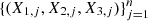 $ \{({X}_{1,j},{X}_{2,j},{X}_{3,j}){\}}_{j=1}^n$