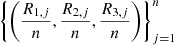 $ {\left\{\left(\frac{{R}_{1,j}}{n},\frac{{R}_{2,j}}{n},\frac{{R}_{3,j}}{n}\right)\right\}}_{j=1}^n$