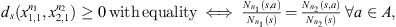 $ {d}_s({x}_{\mathrm{1,1}}^{{n}_1},{x}_{\mathrm{2,1}}^{{n}_2})\ge 0\enspace \mathrm{with}\enspace \mathrm{equality}\enspace \iff \enspace \frac{{N}_{{n}_1}(s,a)}{{N}_{{n}_1}(s)}=\frac{{N}_{{n}_2}(s,a)}{{N}_{{n}_2}(s)}\enspace \forall a\in A,$