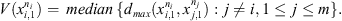 $$ V({x}_{i,1}^{{n}_i})=\enspace {median}\enspace \{{d}_{{max}}({x}_{i,1}^{{n}_i},{x}_{j,1}^{{n}_j}):j\ne i,1\le j\le m\}. $$