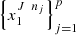 $ {\left\{{x}_1^{{J}\enspace {n}_j}\right\}}_{j=1}^p$