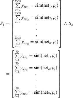 $$ {S}_1=\left[\begin{array}{l}\sum_{i=1}^{2308}{y}_{\mathrm{ne}{\mathrm{t}}_1}=s\mathrm{im}(\mathrm{ne}{\mathrm{t}}_1,{p}_i)\\ \sum_{i=1}^{2308}{y}_{\mathrm{ne}{\mathrm{t}}_2}=\mathrm{sim}(\mathrm{ne}{\mathrm{t}}_2,{p}_i)\\.\\.\\.\\ \sum_{i=1}^{2308}{y}_{\mathrm{ne}{\mathrm{t}}_8}=\mathrm{sim}(\mathrm{ne}{\mathrm{t}}_8,{p}_i)\end{array}\right]\enspace \wedge \enspace {S}_2=\left[\begin{array}{l}\sum_{i=1}^{70}{y}_{\mathrm{ne}{\mathrm{t}}_1}=\mathrm{sim}(\mathrm{ne}{\mathrm{t}}_1,{p}_i)\\ \sum_{i=1}^{70}{y}_{\mathrm{ne}{\mathrm{t}}_2}=\mathrm{sim}(\mathrm{ne}{\mathrm{t}}_2,{p}_i)\\.\\.\\.\\ \sum_{i=1}^{70}{y}_{\mathrm{ne}{\mathrm{t}}_8}=\mathrm{sim}(\mathrm{ne}{\mathrm{t}}_8,{p}_i)\end{array}\right] $$