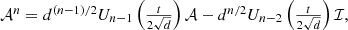 $$ \begin{array}{l}{\mathcal{A}}^n={d}^{(n-1)/2}{U}_{n-1}\left(\frac{t}{2\sqrt{d}}\right)\mathcal{A}-{d}^{n/2}{U}_{n-2}\left(\frac{t}{2\sqrt{d}}\right)\mathcal{I},\end{array} $$