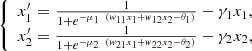 $$ \left\{\begin{array}{c}{x}_1^{\prime}=\frac{1}{1+{e}^{-{\mu }_1\enspace ({w}_{11}{x}_1+{w}_{12}{x}_2-{\theta }_1)}}-{\gamma }_1{x}_1,\\ {x}_2^{\prime}=\frac{1}{1+{e}^{-{\mu }_2\enspace ({w}_{21}{x}_1+{w}_{22}{x}_2-{\theta }_2)}}-{\gamma }_2{x}_2,\end{array}\right. $$