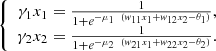 $$ \left\{\begin{array}{c}{\gamma }_1{x}_1=\frac{1}{1+{e}^{-{\mu }_1\enspace ({w}_{11}{x}_1+{w}_{12}{x}_2-{\theta }_1)}},\\ {\gamma }_2{x}_2=\frac{1}{1+{e}^{-{\mu }_2\enspace ({w}_{21}{x}_1+{w}_{22}{x}_2-{\theta }_2)}}.\end{array}\right. $$