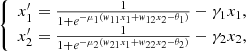 $$ \left\{\begin{array}{c}{x}_1^{\prime}=\frac{1}{1+{e}^{-{\mu }_1({w}_{11}{x}_1+{w}_{12}{x}_2-{\theta }_1)}}-{\gamma }_1{x}_1,\\ {x}_2^{\prime}=\frac{1}{1+{e}^{-{\mu }_2({w}_{21}{x}_1+{w}_{22}{x}_2-{\theta }_2)}}-{\gamma }_2{x}_2,\end{array}\right. $$