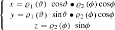 $$ \left\{\begin{array}{c}{x=\varrho }_1\left(\vartheta \right)\enspace \mathrm{cos}\vartheta \bullet {\varrho }_2\left(\phi \right)\mathrm{cos}\phi \\ y={\varrho }_1\left(\vartheta \right)\enspace \mathrm{sin}\vartheta \bullet {\varrho }_2\left(\phi \right)\mathrm{cos}\phi \\ \enspace {z}={\varrho }_2\left(\phi \right)\enspace \mathrm{sin}\phi \enspace \end{array}\right. $$