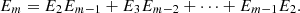 $$ {E}_m={E}_2{E}_{m-1}+{E}_3{E}_{m-2}+\dots +{E}_{m-1}{E}_2. $$