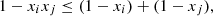 $$ 1-{x}_i{x}_j\le (1-{x}_i)+(1-{x}_j), $$