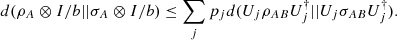 $$ d({\rho }_A\otimes I/b||{\sigma }_A\otimes I/b)\le \sum_j {p}_jd({U}_j{\rho }_{{AB}}{U}_j^{\dagger }||{U}_j{\sigma }_{{AB}}{U}_j^{\dagger }). $$